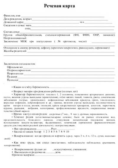 Речевая карта логопеда